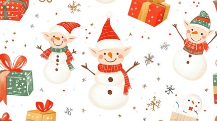 A seamless pattern of cute, hand-drawn Christmas elves, snowmen, and presents, ideal for children's holiday designs