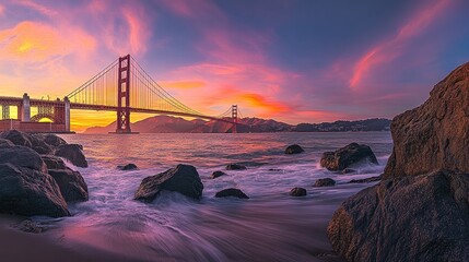 Golden Gate Bridge at sunset with vibrant orange and pink hues