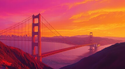 Golden Gate Bridge at sunset with vibrant orange and pink hues