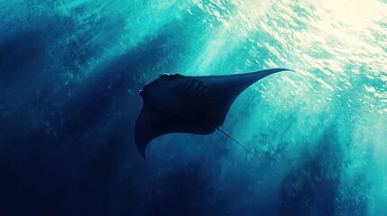 A manta ray gliding gracefully through the open sea, casting a shadow on the ocean floor below.