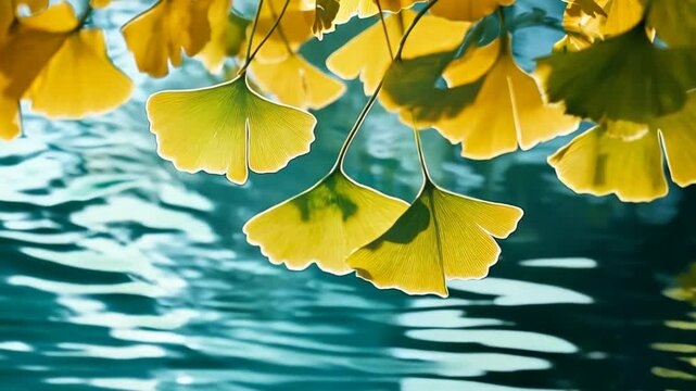 gingko leaves sway in wind with water ripple background