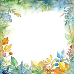 Fototapeta premium Elegant Watercolor Foliage Frame. Botanical Border with Colorful Leaves on Background with Empty Space for Text, Design