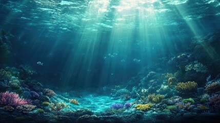 Obraz premium A peaceful underwater landscape with rays of sunlight breaking through the water and illuminating a coral reef below.
