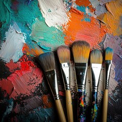 Vibrant artist brushes arranged on a colorful paint palette, showcasing creativity and artistic expression.