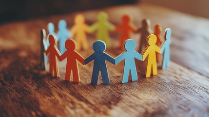 Colorful paper figures holding hands in a circle on a wooden surface, symbolizing community, teamwork, and unity.