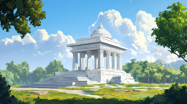 Small hindu temple with white marble on senic green landscape with blue sky. Ancient Temple. Illustration
