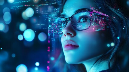 A young woman wearing glasses is surrounded by glowing data and code, creating an immersive visual experience that symbolizes the futuristic world of technology