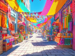 Fototapeta premium Vibrant market street adorned with colorful banners and textiles, creating a lively and festive atmosphere.