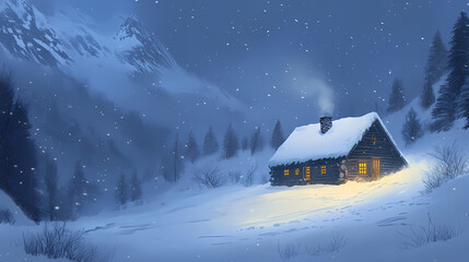 Snowstorm engulfing a mountain cabin, harsh weather, snow-covered surroundings. Snowstorm. Illustration