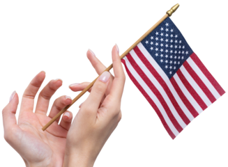 A beautiful female hand holds an American flag on a white background.