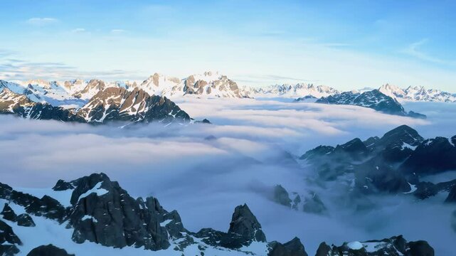 Fly-through FPV over towering mountains above the clouds as the camera ascends rapidly, breaking through layers of mist.