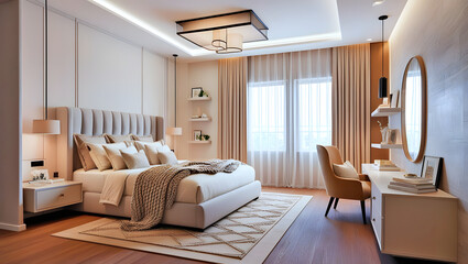 Cozy Modern Bedroom Interior with Plush Bed, Neutral Color Palette, Ambient Lighting, Hardwood Floors, Reading Nook, Minimalist Design, Tufted Headboard, and Natural Light | Stylish, Serene Retreat