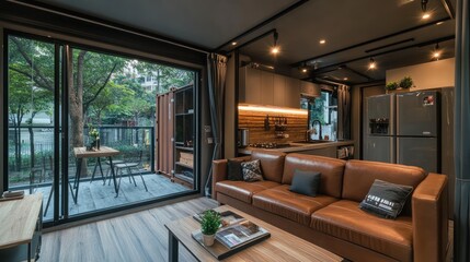 Modern living room with a large leather sofa, a coffee table and a large window overlooking a balcony with greenery.