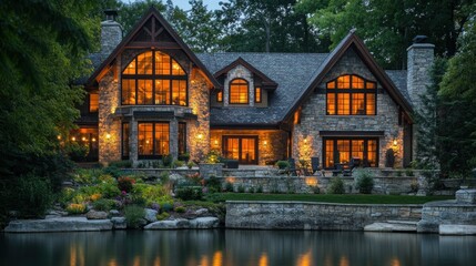 Fototapeta premium A large stone house with warm lighting sits on the edge of a still lake with a lush landscape and trees.