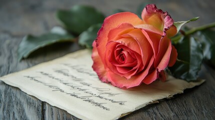 A solitary rose rests on a love letter, with its petals gently brushing the inked words, evoking a sense of deep affection.