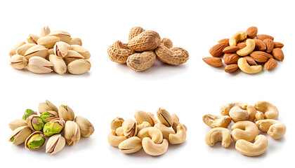 Tasty pistachio nuts and cashews isolated on white, set