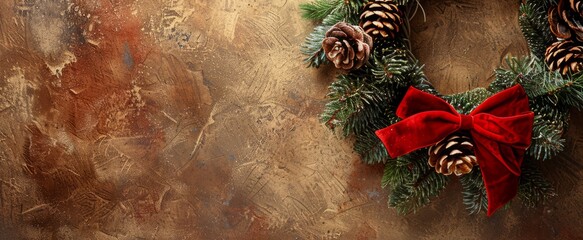 Christmas wreath with pine cones on a beautiful brown background with gilding. place for congratulations