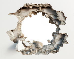 A large jagged hole in a white plaster wall, with crumbling and exposed layers of material around the edges, creating a rough and uneven opening