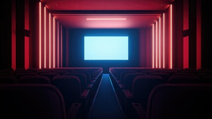 A theater screen glows as the film starts, casting light into the darkness of the room, signaling the beginning of a cinematic journey.