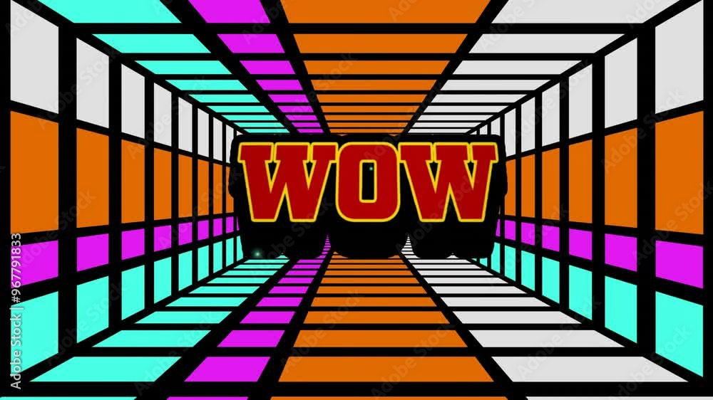 Aufkleber animation of wow text over digital colourful tunnel
