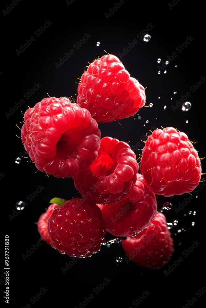 Aufkleber fresh raspberries splashing in water against a dark background creating a vibrant visual effect