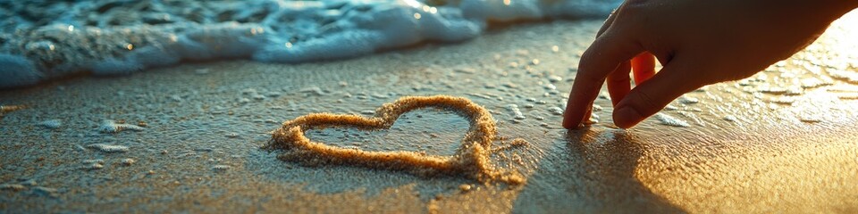 Index finger tracing heart in sandy beach