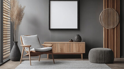 Living room interior with mockup frame, armchair, rug, pouf and wooden chest of drawers. Home decor template