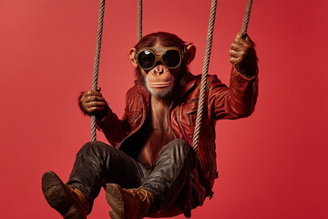 a monkey wearing aviator goggles and a leather jacket, swinging against a bright red background, looking like a daring adventurer