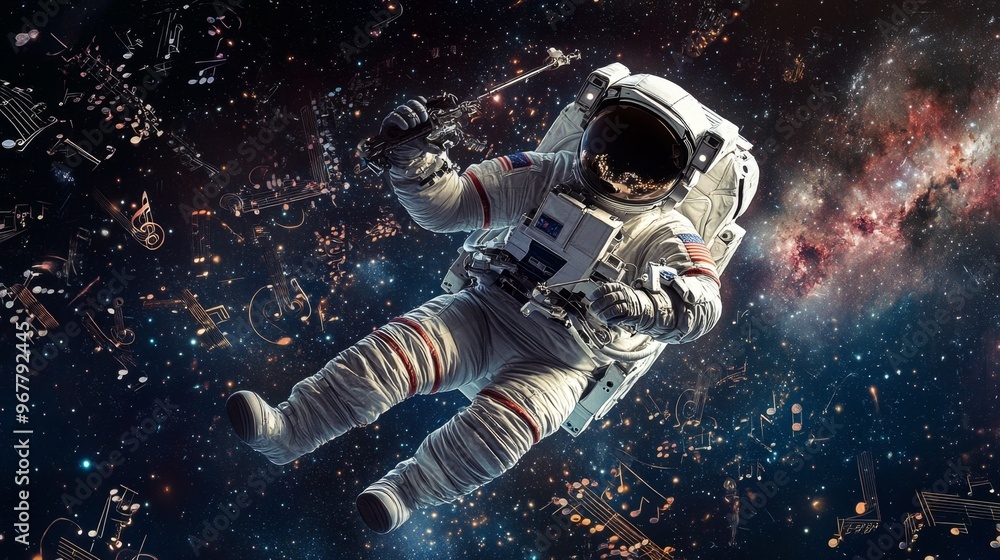 Wall mural astronaut floating in space with musical notes