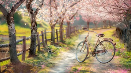 Fototapeta premium A bicycle leans against a fence in a path lined with blooming cherry trees.