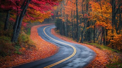 Fototapeta premium Mountain road lined with colorful autumn foliage