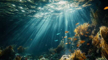 Obraz premium An underwater view of sunlight filtering through the waters surface, illuminating the ocean depths and surrounding sea life.