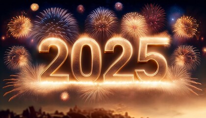 ajerwerki i świetlisty złoty napis 2025 na nocnym niebie. Sylwestrowe tło © Monika