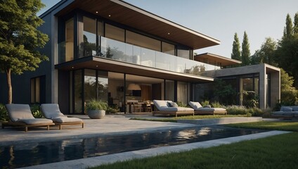 D rendering of a modern house featuring a beautiful garden and stylish architecture.