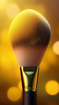 Pincel de maquiagem. Fundo amarelo com luzes desfocadas. Render 3D