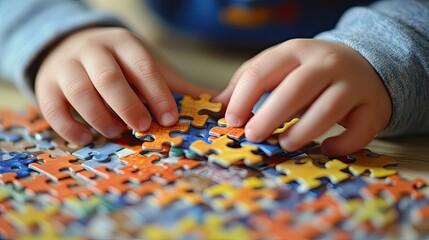 Close-up of a childs hands assembling a simple puzzle, enhancing fine motor skills and cognitive development.