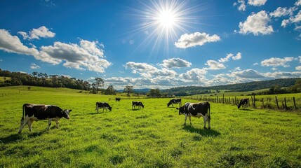 Cows grazing peacefully in a lush, green pasture under a bright, sunny sky on a rural farm.