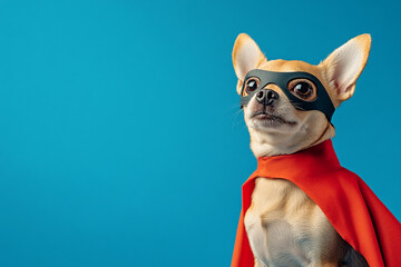 a small dog dressed as a superhero with a cape and mask, posing confidently against a vivid blue background, looking like a tiny hero