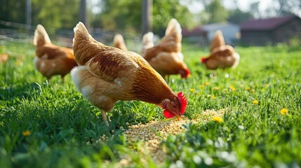 Fototapeta premium Free-range chickens pecking at freshly spread grains in a grassy field, symbolizing natural feeding practices.