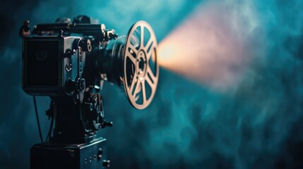 Fototapeta premium An old film projector casts a movie onto a blank wall, with reels spinning and a nostalgic atmosphere filling the room.
