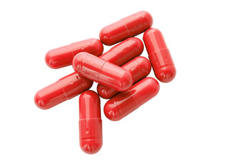 Red medicine capsules and remedy pills, pharmaceutical cure, antibiotics or painkillers isolated on...