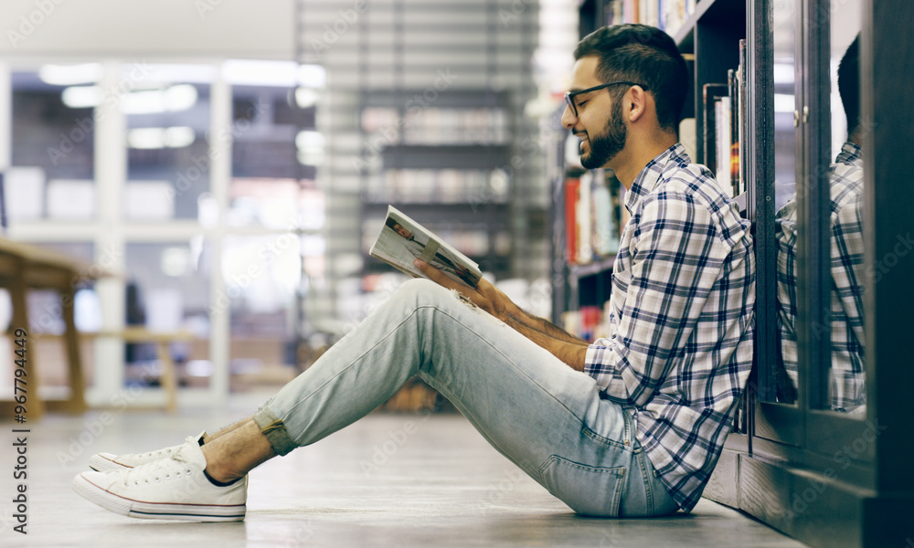 Poster library, man and studying with book on floor for education, knowledge and learning for exam. univers
