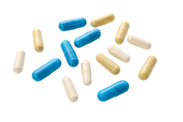 Medicine capsules and remedy pills, pharmaceutical cure, antibiotics or painkillers isolated on transparent background