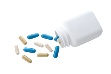 Medicine capsules and remedy pills in bottle, pharmaceutical cure, antibiotics or painkillers isolated on transparent background