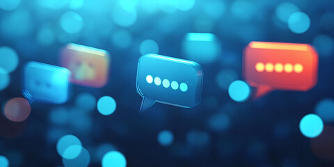 Creative GPT chat hologram with speech bubbles on blurred blue background. Artificial intelligence concept
