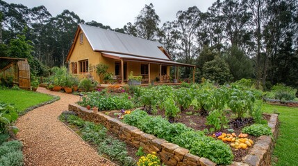 A stone wall garden with a path leading up to a rustic yellow cottage.