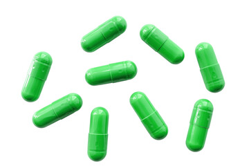 Green medicine capsules and remedy pills, pharmaceutical cure, antibiotics or painkillers isolated on transparent background