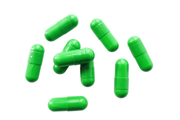 Green medicine capsules and remedy pills, pharmaceutical cure, antibiotics or painkillers isolated on transparent background