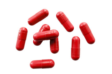 Red medicine capsules and remedy pills, pharmaceutical cure, antibiotics or painkillers isolated on transparent background