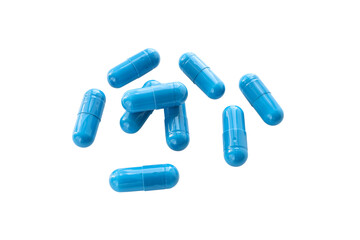 Blue medicine capsules and remedy pills, pharmaceutical cure, antibiotics or painkillers isolated on transparent background